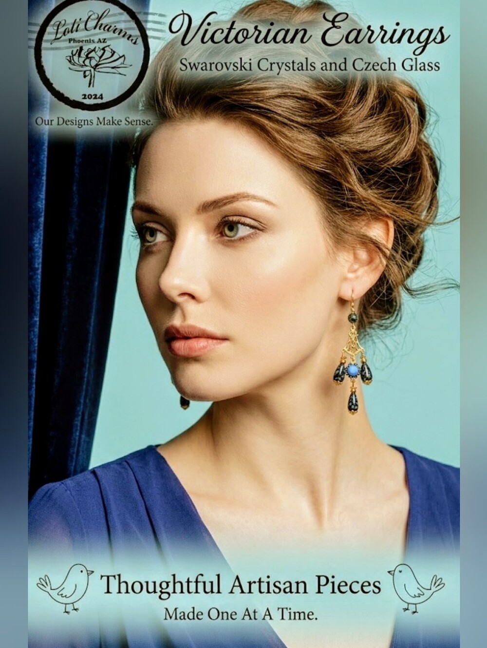 Victorian Turquoise & Flower Crystal In Three Strand Chandelier Gold Earrings